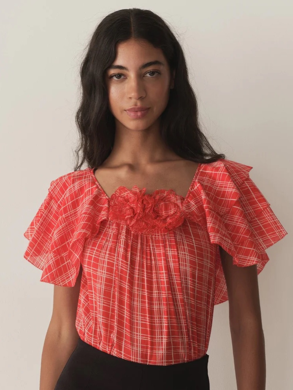 Doen Analicia Cotton Voile Silk Rosette Flutter Sleeve Top Sylvia Plaid Red